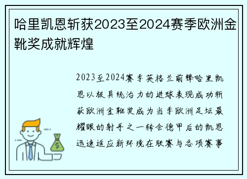 哈里凯恩斩获2023至2024赛季欧洲金靴奖成就辉煌 哈里凯恩斩获2023至2024赛季欧洲金靴奖成就辉煌
