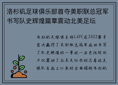洛杉矶足球俱乐部首夺美职联总冠军书写队史辉煌篇章震动北美足坛 洛杉矶足球俱乐部首夺美职联总冠军书写队史辉煌篇章震动北美足坛