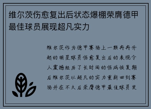 维尔茨伤愈复出后状态爆棚荣膺德甲最佳球员展现超凡实力 维尔茨伤愈复出后状态爆棚荣膺德甲最佳球员展现超凡实力